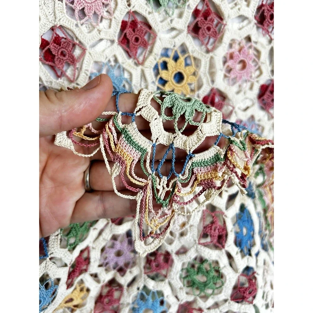 VTG Hand Crocheted Floral Heirloom Tablecloth Colorful & Ecru 60x60